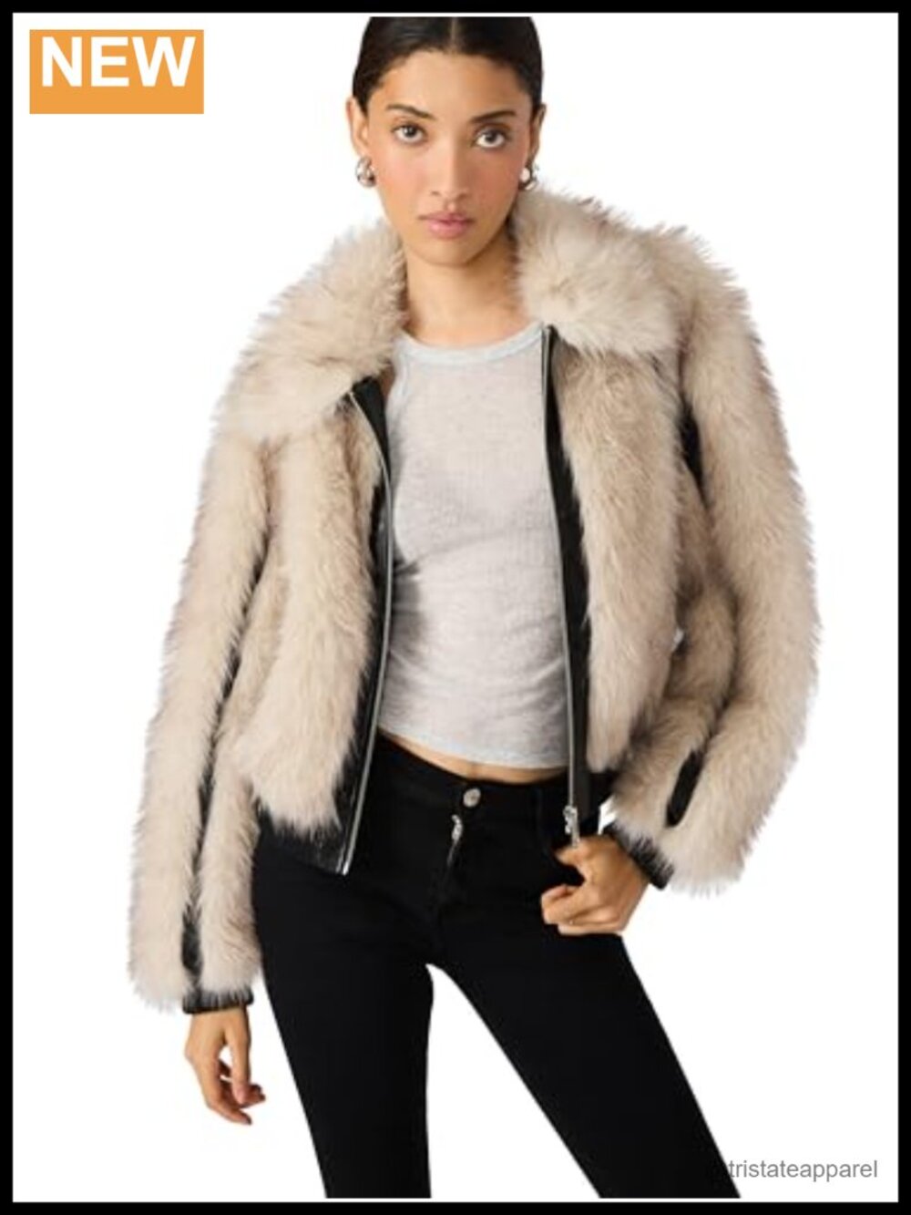 Faux Leather Aviator Jacket with Faux Fur Collar Long Sleeve Zip